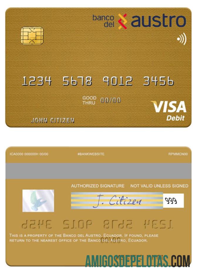 Ecuador Banco Del Austro Visa Debit Card exemplo real